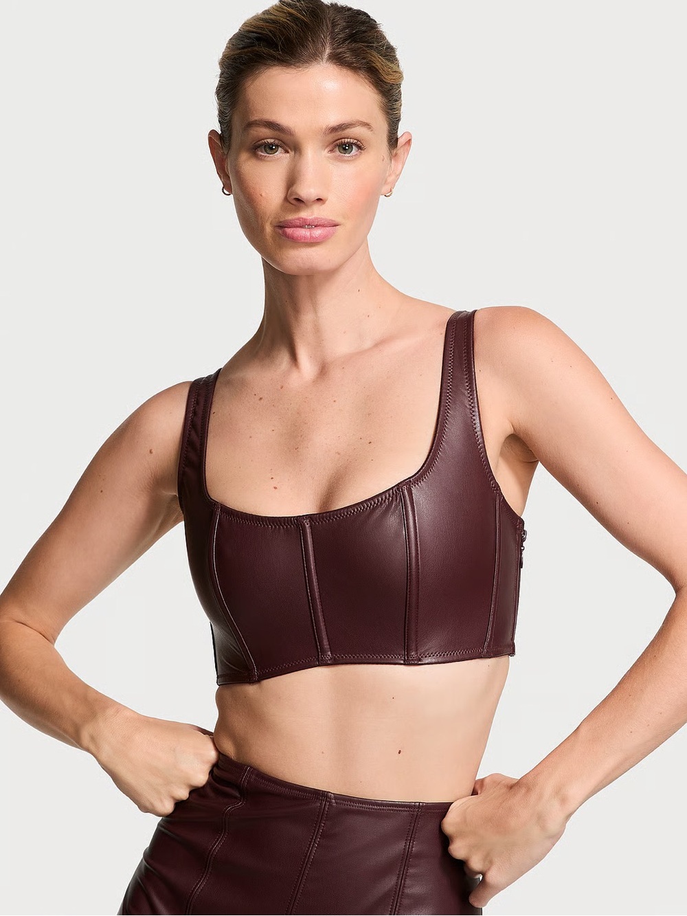 Victoria's Secret Faux Leather Mini Corset Top Lace Up, NWT, L, Burgundy Brown